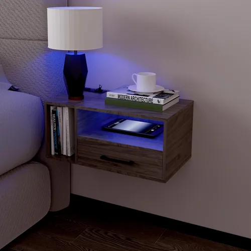 Miniatura 8 de Homaterial Mesita de noche flotante con estación de carga y luces LED, mesita de noche flotante con cajones, mesitas de noche montadas en la pared