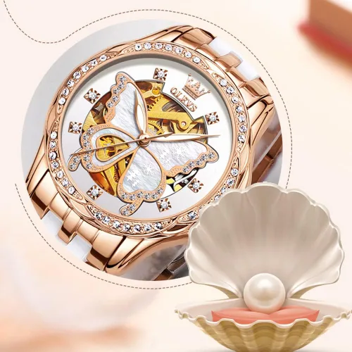 Miniatura 5 de OLEVS Relojes de oro rosa para mujer correa de acero inoxidable de cerámica reloj mecánico automático calendario de puntero luminoso impermeable