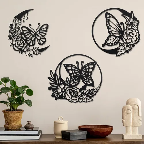 Miniatura 5 de Photect 4 piezas de decoración de pared de metal de mariposa, decoración de pared de mariposas, fases lunares, hojas de flores, arte floral