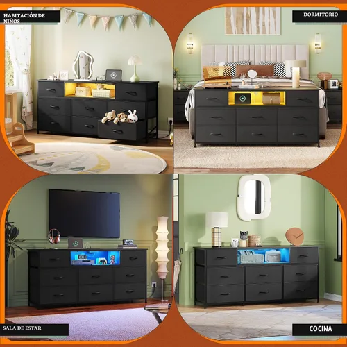 Miniatura 4 de WLIVE Soporte de TV negro para TV de 50, 55, 65 pulgadas, centro de entretenimiento con luces LED y estación de carga, cómoda con 8 cajones de tela