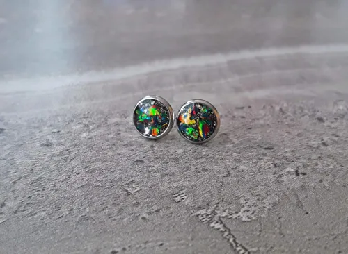 Miniatura 5 de Pendientes de confeti rellenos de ópalo de fuego negro con piedra natal de octubre de acero inoxidable