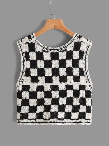 Miniatura 2 de Verdusa Chaleco de punto a cuadros sin mangas con cuello en V y botones para mujer