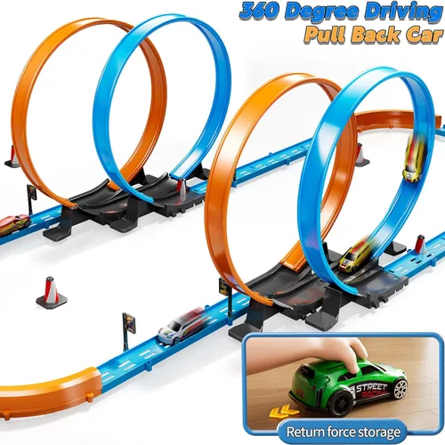 Miniatura 2 de Conjunto de Pista de Carreras de Coches LILYBUDS para Niños, Niños de 3-5 4-7 años, Pistas de Carreras con 4 Zonas de Choque y Coches de Ranura