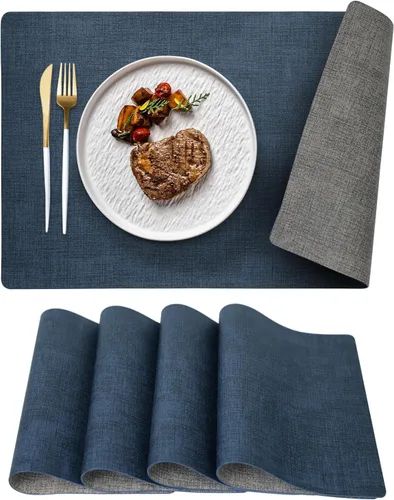 Juego de 4 manteles individuales de doble cara, manteles individuales reversibles de vinilo gris claro, color azul marino, fáciles de limpiar,