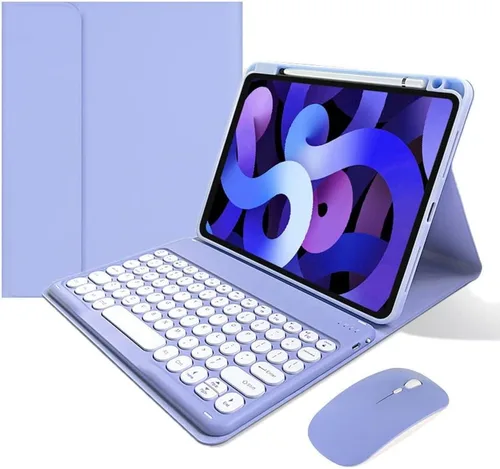 Funda de teclado para iPad mini (A17 Pro) 2024, iPad mini 6ª generación, funda de teclado con mouse Bluetooth, llave redonda, bonita funda de Púrpura