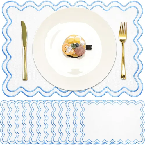 Miniatura 14 de Juego de 12 manteles individuales de lino festoneados de 13 x 19 pulgadas, bordado ondulado, doble capa, lavable, para cena, boda, fiesta