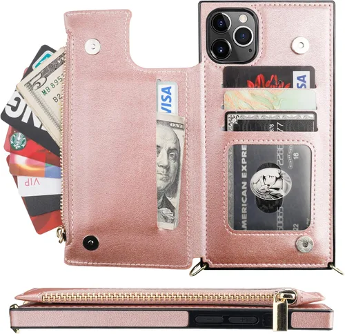 Miniatura 3 de Bocasal Funda tipo cartera cruzada para iPhone 11 Pro Max con tarjetero, protector de ranura para tarjetas con cremallera, a prueba de golpes