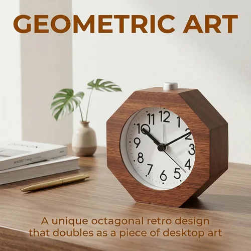Miniatura 2 de Reloj despertador analógico de madera, 3 pulgadas, silencioso, silencioso, con números arábigos, función de repetición de retroiluminación, funciona