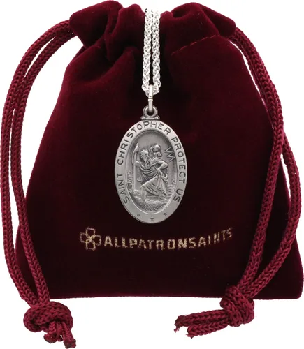 Collar con medalla de St Christopher – Medallón oval de plata de ley y cadena – Grabado personalizado – Caja de regalo