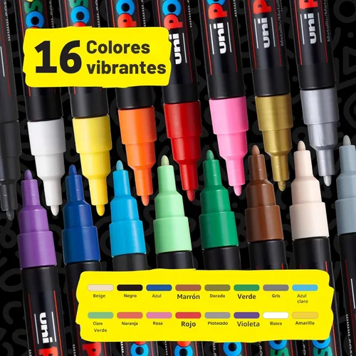 Miniatura 2 de Rotuladores de pintura a base de agua uni POSCA PC-3M, punta fina reversible (0.9-1.3mm), colores surtidos, paquete de 16