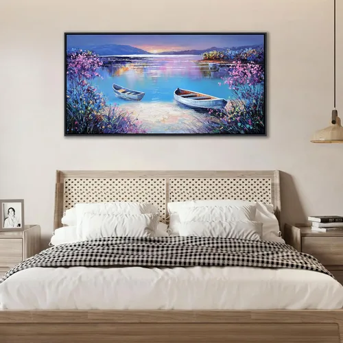 Miniatura 5 de YCPRIMER Gran Arte de Pared de Paisaje para Sala de Estar, Lienzo de Decoración de Pared con Flores, Arte de Decoración en Azul y Morado, Cuadro
