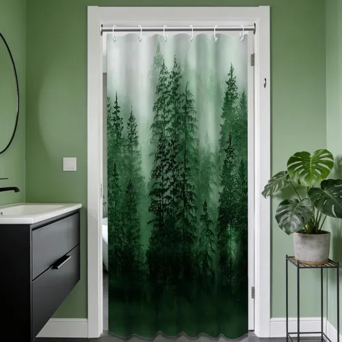 Miniatura 8 de Cortina de ducha estrecha para hombre, diseño de bosque negro y gris, para casa rodante, juego de decoración de baño, tela impermeable con ganchos