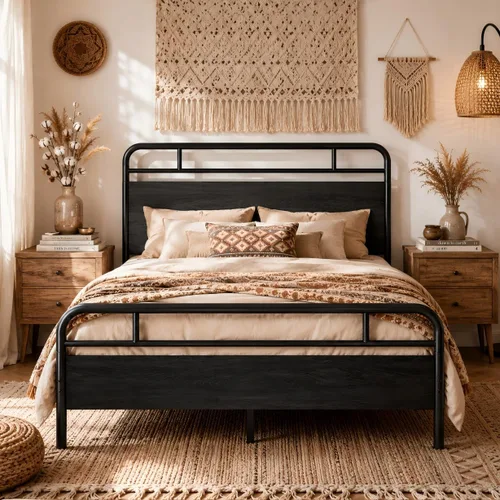 SHA CERLIN Base de cama tamaño completo con cabecera de madera industrial vintage, plataforma de metal resistente con almacenamiento debajo de la