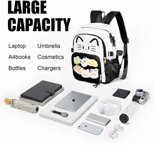 Miniatura 6 de Bolsa Kawaii Cat Ita, bolso con pines, bolsa con inserto, para uso diario y cosplay, nailon, Negro-blanco, Pequeño, Kawaii