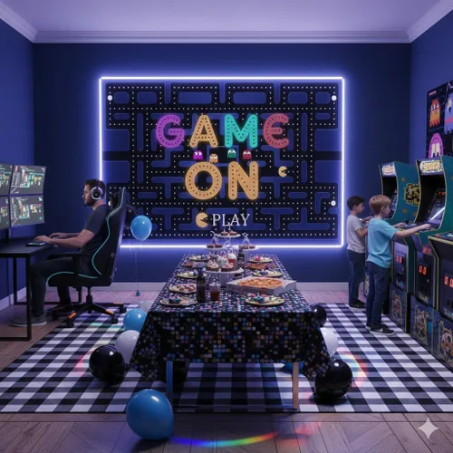 Miniatura 4 de Ticuenicoa Fondo de juego en laberinto de 5 x 3 pies, decoraciones de fiesta de videojuegos y suministros de fiesta de juegos, luces coloridas