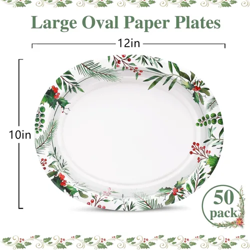 Miniatura 3 de 50 platos ovalados de Navidad, platos de papel resistentes de 12 x 10 pulgadas con hojas de acebo, bayas rojas para Navidad, vacaciones, boda
