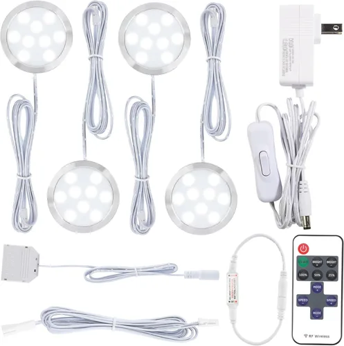 Kit de luz LED para armario, iluminación de acento de cocina debajo del gabinete, luces de disco con cable enchufadas de 120 V, control remoto