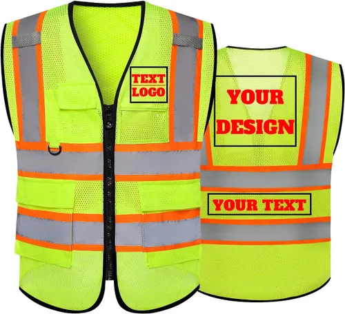 Miniatura 13 de Chaleco de seguridad reflectante de malla con logotipo personalizado Clase 2 con 5 bolsillos y cremallera Amarillo-5pack