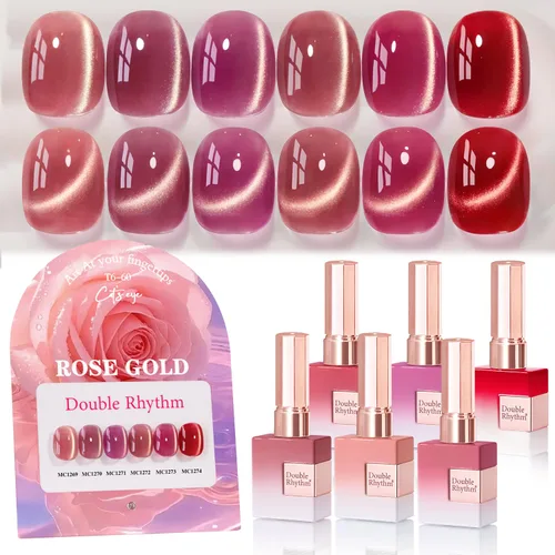 Miniatura 27 de Double Rhythm - Juego de esmalte de uñas de gel ojo de gato de 6 unidades, mismo color, misma botella, 14.8 ml, brillo con glitter, con imán