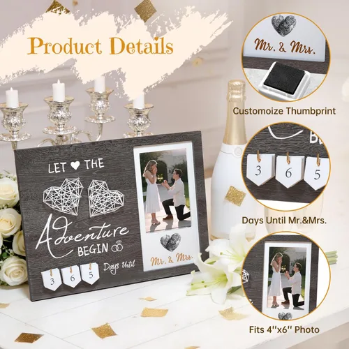 Miniatura 4 de Regalos de compromiso para pareja, Marco de fotos con huella dactilar de corazón para cuenta regresiva de boda y kit de tinta, Regalo para futura