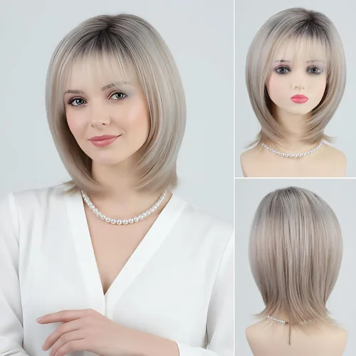 Miniatura 17 de RENERSHOW Pelucas rubias en capas para mujeres blancas con flequillo, peluca de pelo corto lacio, peluca sintética de color rubio degradado