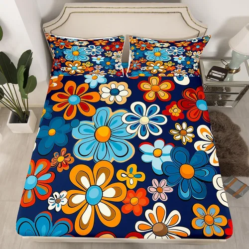 Miniatura 10 de Juego de ropa de cama de flores Groovy de los años 70, sábana bajera ajustable de flores de arco iris para niños y niñas, sábanas de ropa de cama