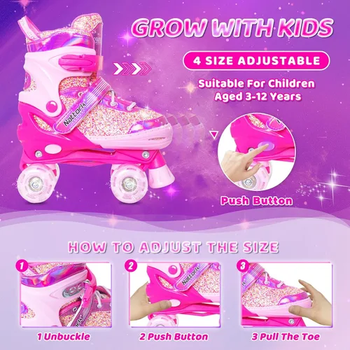 Miniatura 3 de Nattork Patines de ruedas para niñas y niños, 4 tamaños ajustables para niñas de 3 a 12 años con ruedas iluminadas y protección de seguridad, regalo