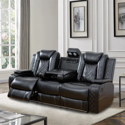 Miniatura 2 de Juego de sofá reclinable eléctrico, sofá reclinable de cuero de aire con LED/portavasos/almacenamiento, 2 muebles de sala de estar, sofá de cuero