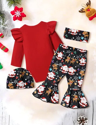 Miniatura 11 de Ropa de bebé niña, 4 piezas, trajes de niña recién nacida, con volantes, mameluco de campana para bebé, diadema, bandana, conjuntos de ropa, regalos