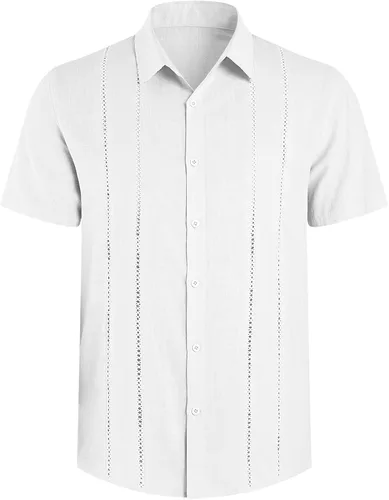 Miniatura 2 de Mens Casual Button Down Short Sleeve Guayabera Shirts Solid Lapel Cuban Camp Beach Tops