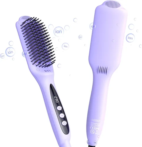 Miniatura 11 de LANDOT Cepillo alisador de cabello para cabello grueso y rizado, cepillo alisador de cerámica iónica con cerdas densas y 12 ajustes de temperatura