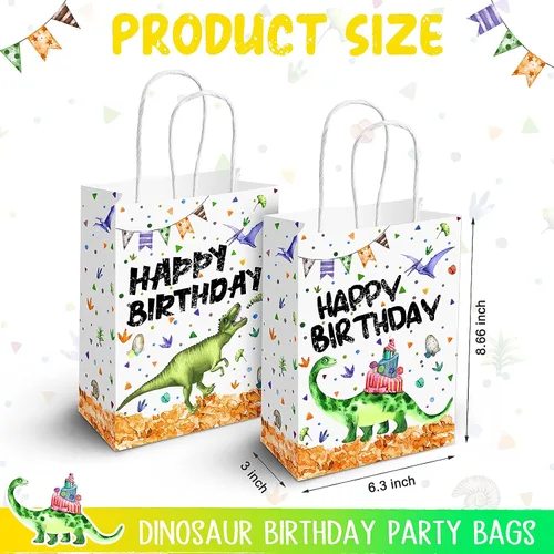 Miniatura 2 de Containlol 16 bolsas de papel para fiesta de cumpleaños de dinosaurio, bolsas de regalo de cumpleaños con asa para niños y niñas, temática