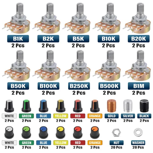 Miniatura 2 de WH148 Kit de potenciómetro 1K 2K 5K 10K 20K 50K 100K 250K 500K 1MK Ohm 0.591 in Eje Potenciómetros lineales de una sola articulación Juego de 3