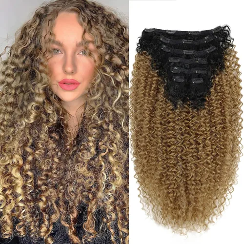 Extensiones de cabello sintético con clip, extensiones de cabello sintético negro y rubio miel, extensiones de cabello rizado Jerry para mujeres