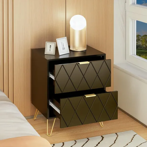 Miniatura 6 de Anbuy Juego de 2 mesitas de noche color negro con asa dorada, mesa de noche con 2 cajones, juego de 2 mesitas de noche con patas doradas