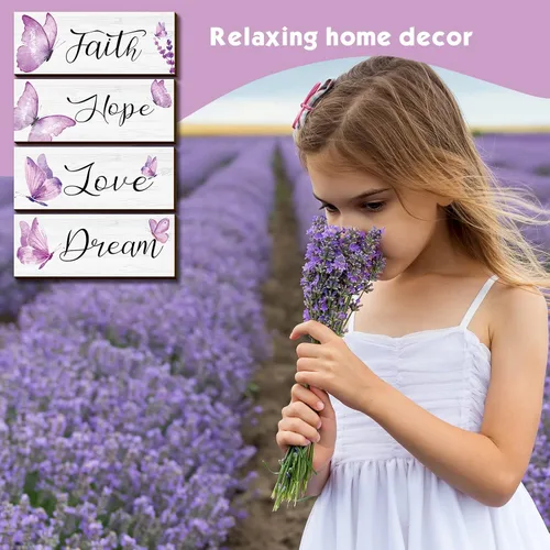 Miniatura 6 de Gerrii 4 piezas de decoración de pared de fe, esperanza, amor, sueño, elegante, primavera, mariposa, madera, decoración para colgar en la Morado