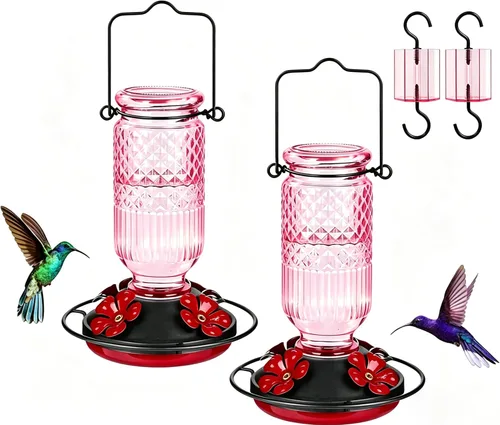 Miniatura 11 de FEED GARDEN Comedero de vidrio para colibríes para colgar al aire libre, comedero de colibríes de 16 onzas con 4 puertos de alimentación con Azul