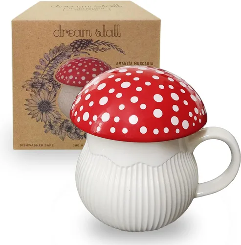 Taza de hongo Dreamstall con tapa de gres Taza de café con caja de regalo decorativa (roja), decoración estética Cottagecore Rojo