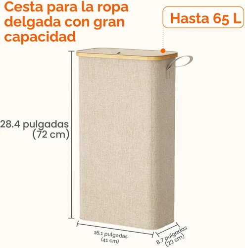 Miniatura 3 de Lifewit Cesta de lavandería delgada de 65 litros con tapa, cesta estrecha para la ropa sucia con bolsa extraíble y asas de bambú, canasta plegable