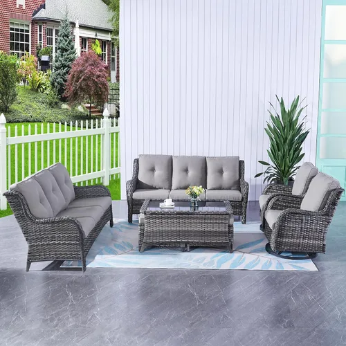 Miniatura 40 de HUMMUH Sillas Mecedoras Giratorias de Mimbre para Patio Exterior con Respaldo Alto, Sillas Deslizantes de Ratán PE, Juego de Muebles de Patio de 4