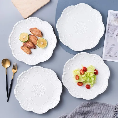 Miniatura 5 de Jusalpha FD-PL15 - Juego de platos de cerámica de encaje en relieve, platos para pasta/ensalada/postre, lavavajillas, microondas, juego de vajilla