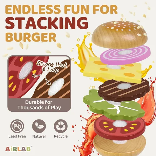 Miniatura 7 de Airlab Alimento de juguete de madera para niños pequeños 3-5 juegos de desayuno y juegos de comida de madera para hamburguesas