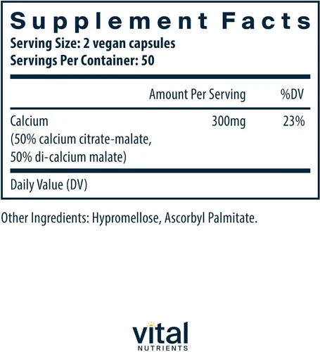 Miniatura 2 de Vital Nutrients - Calcio (Citrato/Malato) - Forma más biodisponible de calcio - 100 cápsulas vegetarianas por botella - 150 mg
