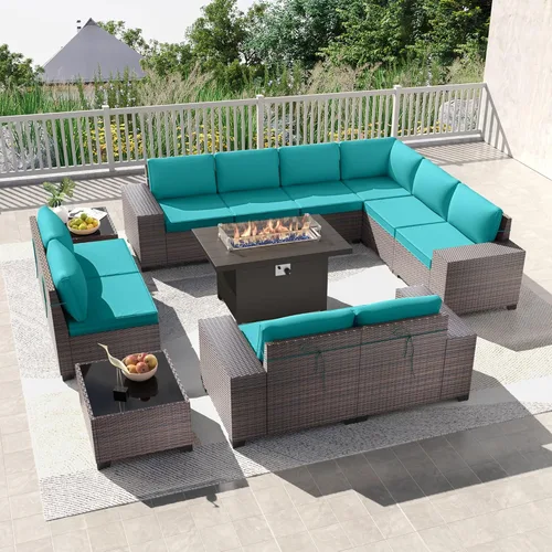 Miniatura 31 de Kullavik Juego de 13 muebles de patio al aire libre con mesa de fogata de gas propano de 43 pulgadas, 55000 BTU, mimbre de polietileno, sofá Arena
