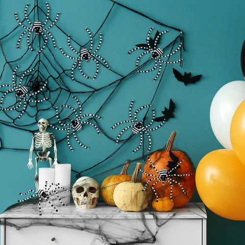 Miniatura 6 de Reallnaive 8 piezas de adornos de araña de Halloween en blanco y negro con cuentas, adornos colgantes para decoración de Halloween, regalo