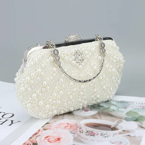 Miniatura 6 de Fecialy Bolsos de mano con perlas para mujer, bolsos de noche con cuentas de cristal y cadena de perlas