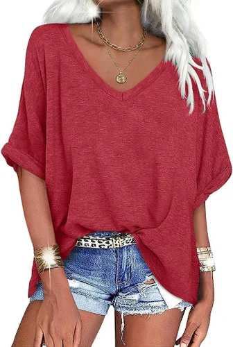 Miniatura 7 de UNCLECAT Camisetas de gran tamaño con cuello en V para mujer, camisas de manga corta de verano, holgadas, casuales