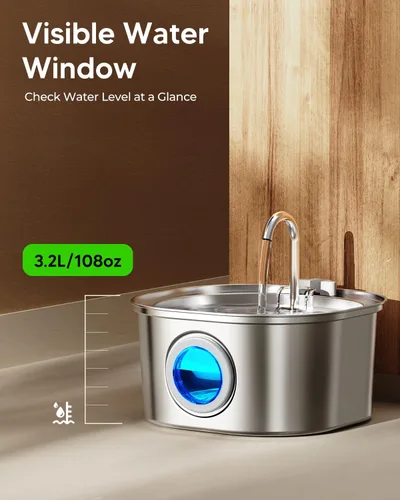 Miniatura 3 de PEKTACO Fuente de Agua para Gatos de Acero Inoxidable, Dispensador de Agua para Gatos de 3.2L/108 onzas con Bomba de Agua Silenciosa y Ventana
