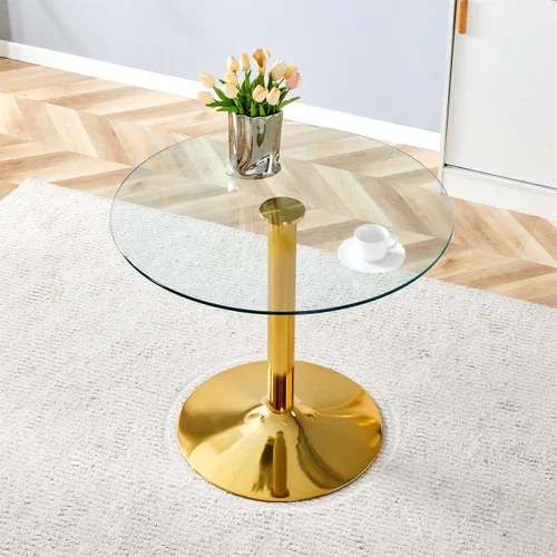 gopop Mesa de comedor de vidrio de 35 pulgadas, mesa de cocina redonda con vidrio templado de 0.3 pulgadas y patas de metal cromado dorado, fácil de