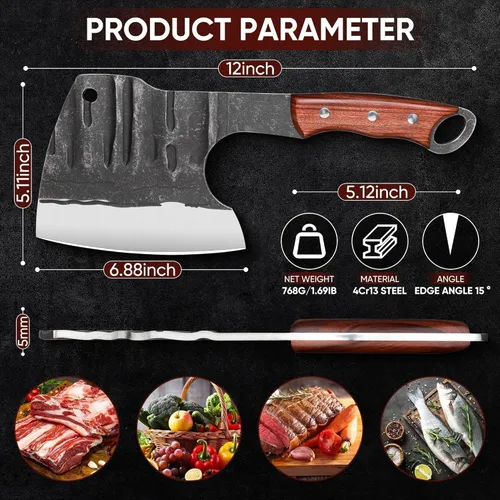 Miniatura 4 de Dream Reach Cuchillo para cortar carne, cuchillo para cortar carne, cuchillo de carnicero resistente hecho a mano con funda, picadora de espiga